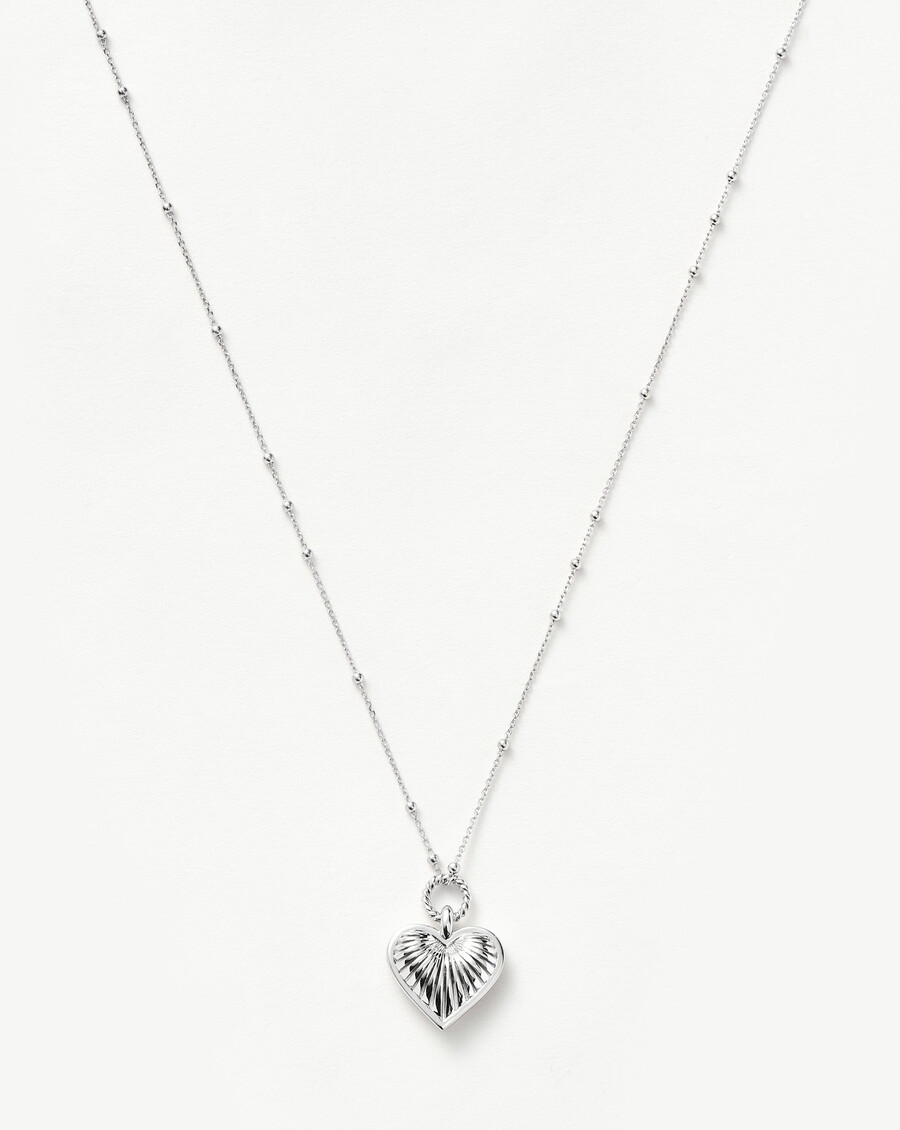 ridge heart charm pendant necklace - silver plated