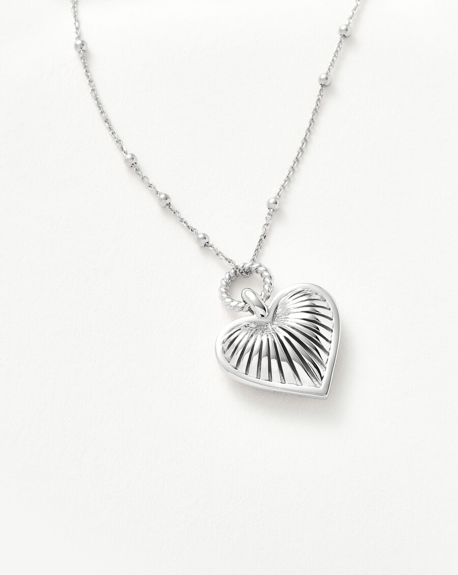 ridge heart charm pendant necklace - silver plated